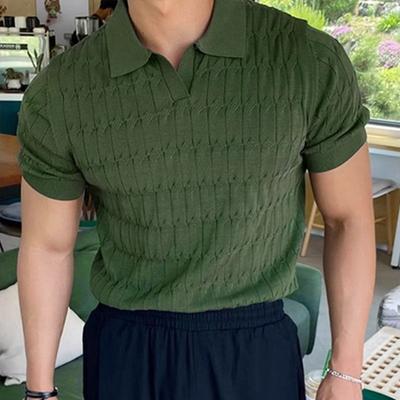 Herren Oberteil Umlegekragen V-Ausschnitt Jacquard gestrickt Einfarbig Kurzarm Locker Dehnbar