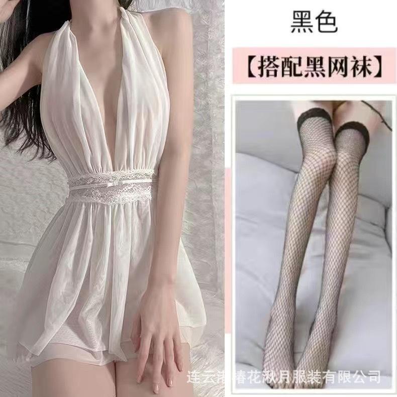 New perspective sex fun sexy mesh perspective low-cut backless women's loungewear set A93