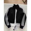Unisex Dark Blue Three-Stripe Stand Collar Hoodie Jacket for Autumn/Spring