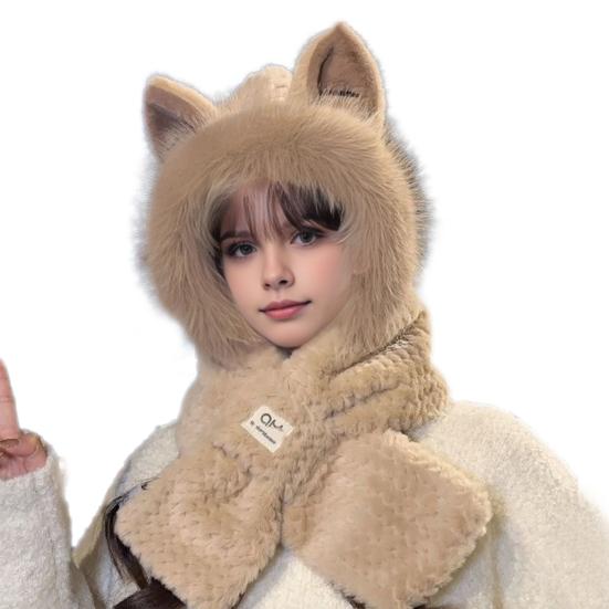 Women Winter Integrated Hat And Scarf Thick Fleece Warm Cartoon Fox Ear Decor Windproof