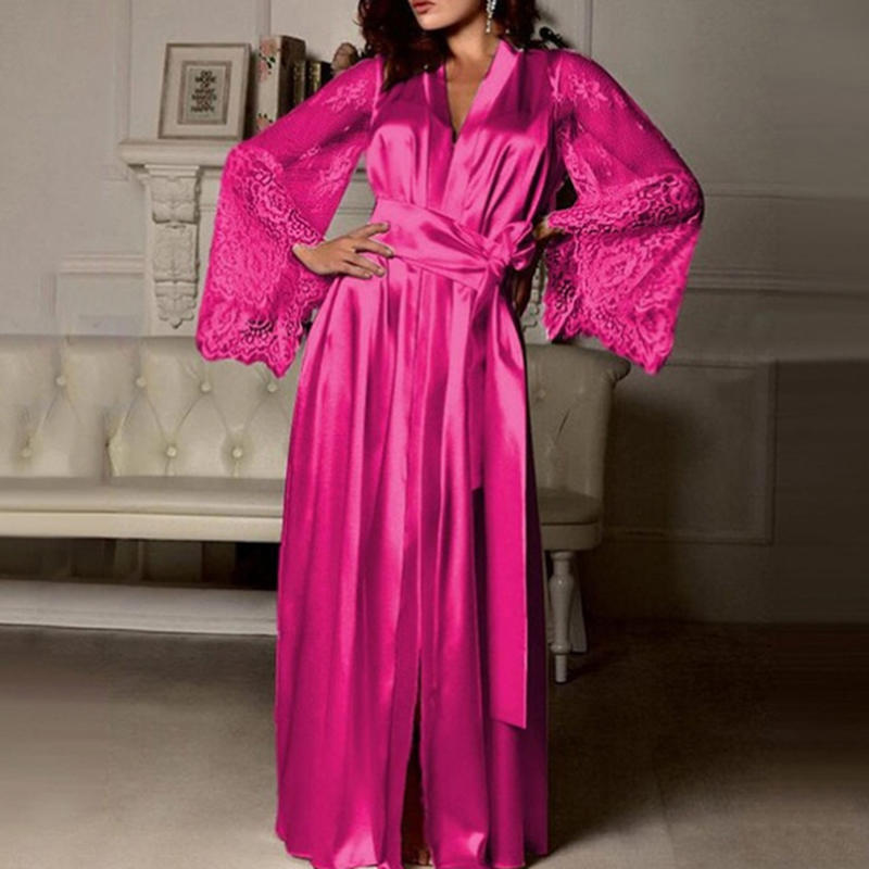 Women Lace Stitching Long Bathrobes Nightgown Soft Silk Dressing Gown Bath Robe Large Size Sexy Pajamas