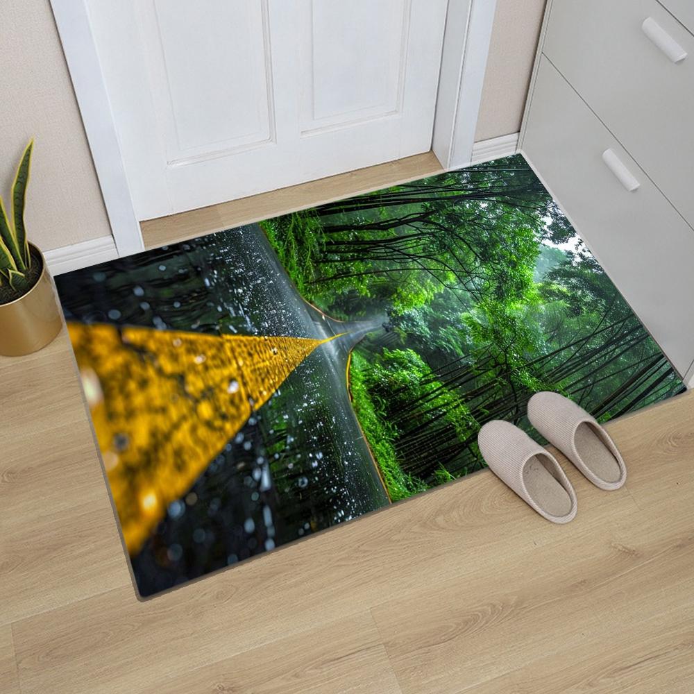 Natural Scenery Pattern Door Mat Forest Stream Mountain Road Designs Sunlight Effects NonSlip Floor Mat for Home Entrance Decor
