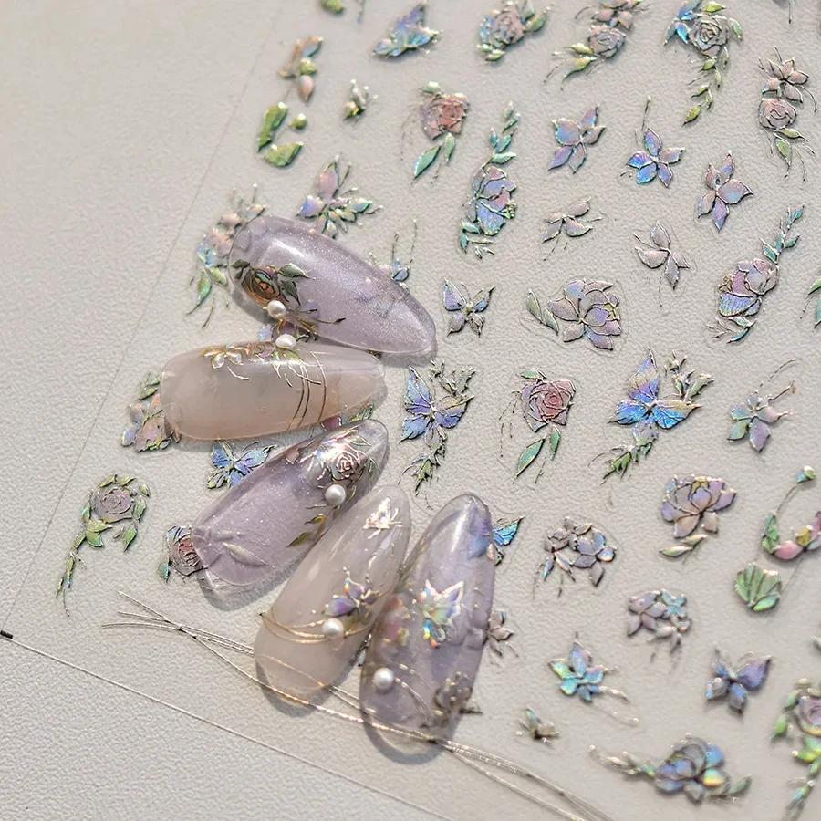 Gradient White Pink Butterfly Flower Shiny Stars Chic Spring Petal 5D Soft Adhesive Nail Art Stickers Decorations Manicure Decal