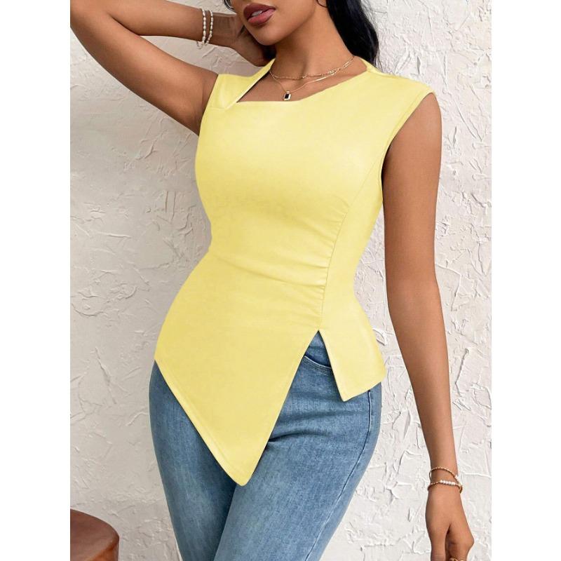 DAFIFY Women's Fashion Casual Summer Spring Solid Color Print Sleeveless Oblique Collark Blouses & Shirts