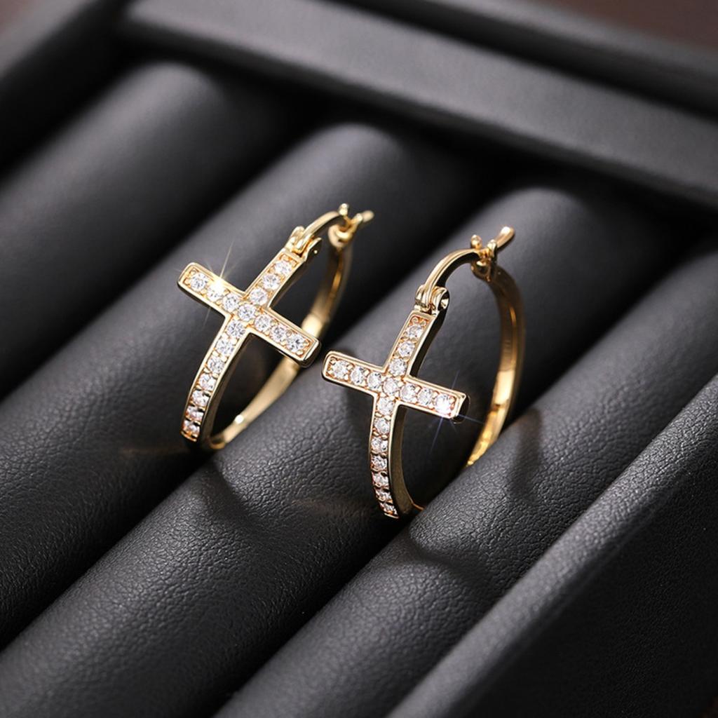 Cross Shaped Hoop Earrings Inlaid Sparkling Stones Elegant Minimalist Style Women Earrings for Daily Party Wear
