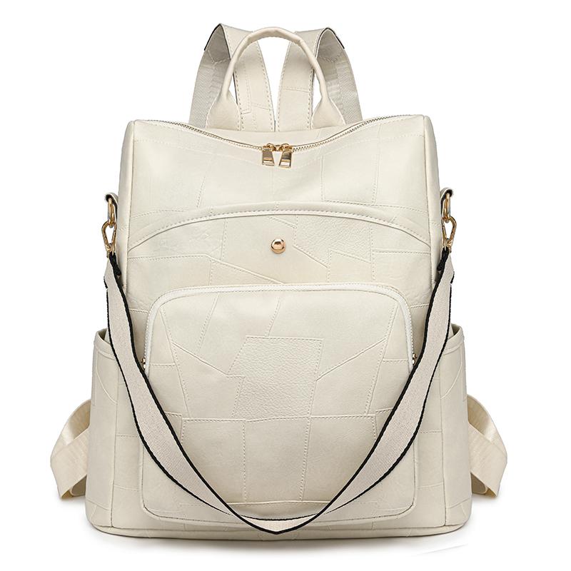 

Жіночий однотонний туристичний рюкзак великої місткості з м’якої шкіри бежевий