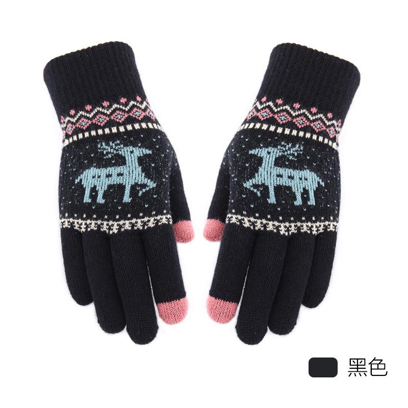 New Jacquard Double-layer Deer Touch Screen Gloves Autumn and Winter Women's Fleece Thickened Warm Wool Gloves