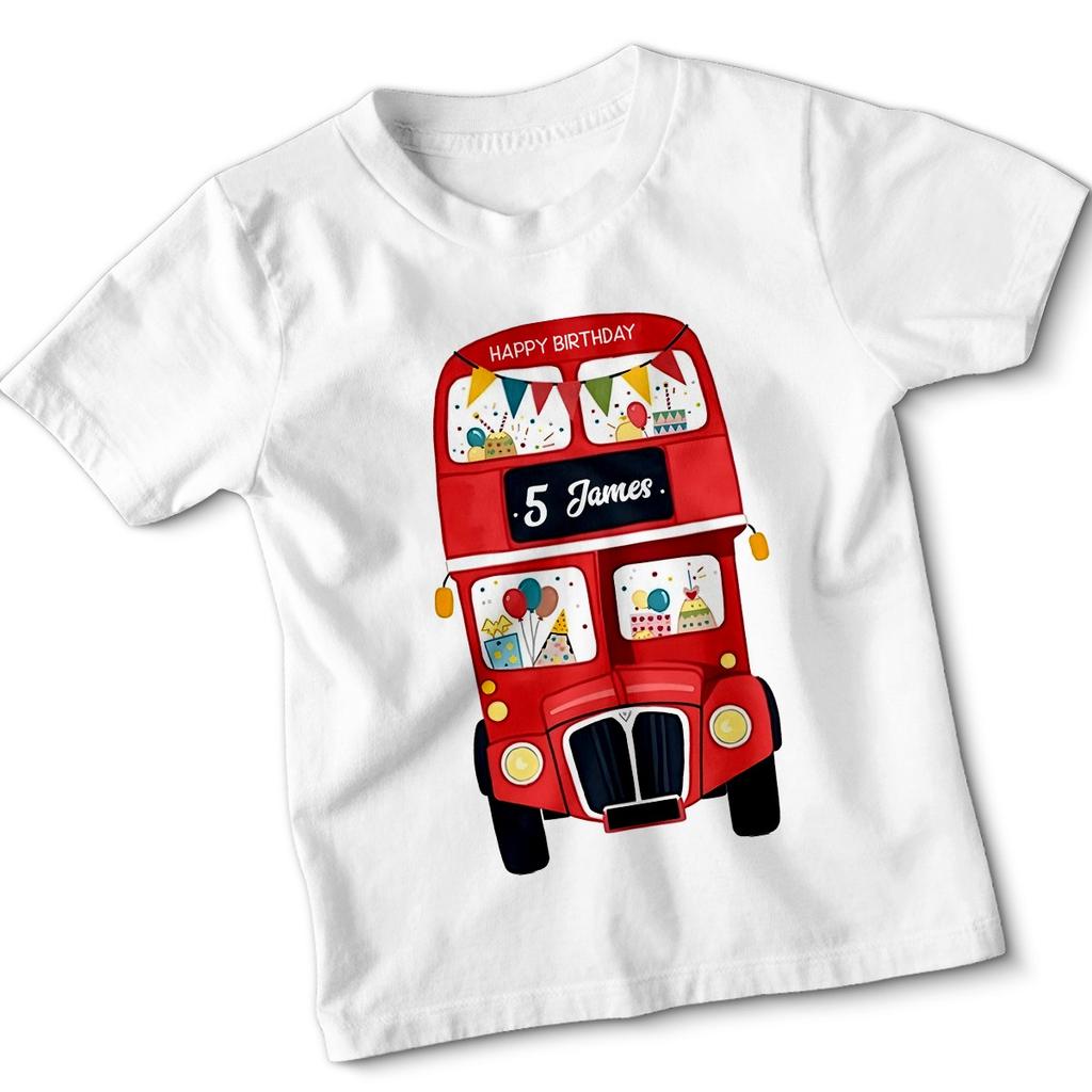 Personalised Happy Birthday 5 Bus 5th Birthday Boys Kids T-Shirt Custom Tee