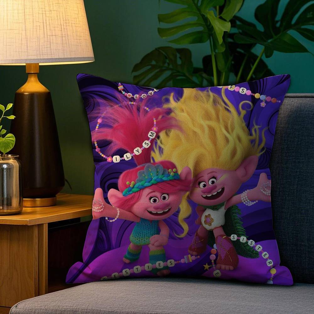 T-TrollsS Cartoon Pillow Case Plush Linen Soft Double Sided Printed Design Throw Cushion Decorative Home