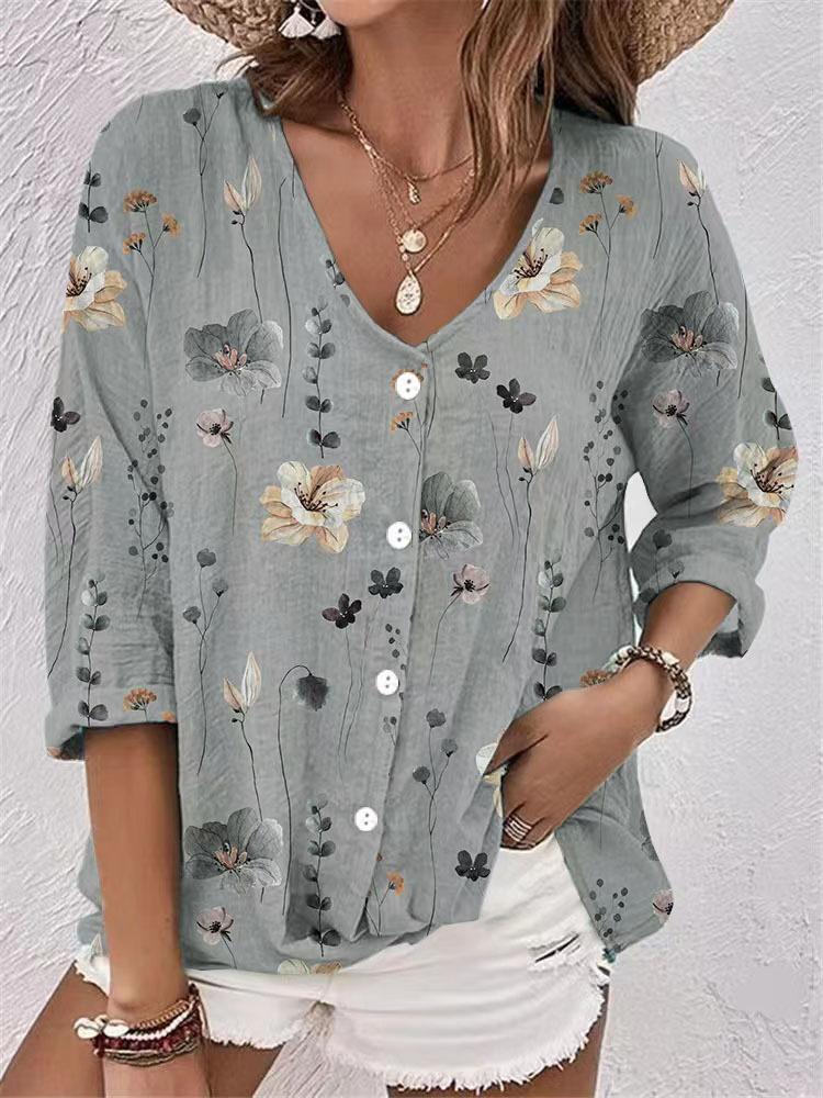 Women V Neck Button Down Chiffon Floral Print Cardigan Long Sleeve Lightweight Blouse Casual Spring Summer Top L