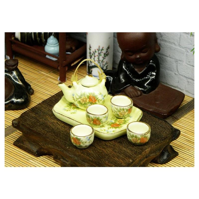 Miniature Teaware Set Model For Children And Collectors With Blue White Porcelain Teapot Cup Tray Doll House Furniture
