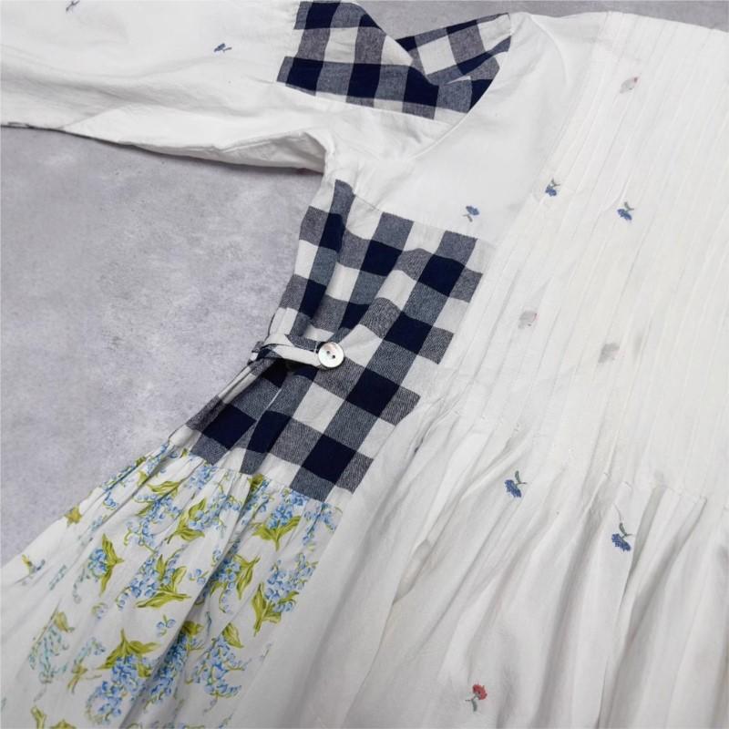 Johnature Japanese Patchwork Checked Floral Pleated Loose Dress Spring Summer O-neck Casual Print Women Dresses