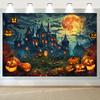 Spooky Halloween Backdrop: Dark Night Bat Castle with Pumpkin O'Lanterns - Perfect for Party Decorations and Photo Booth Props