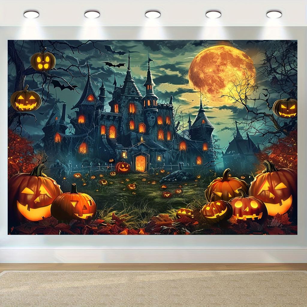 Spooky Halloween Backdrop: Dark Night Bat Castle with Pumpkin O'Lanterns - Perfect for Party Decorations and Photo Booth Props
