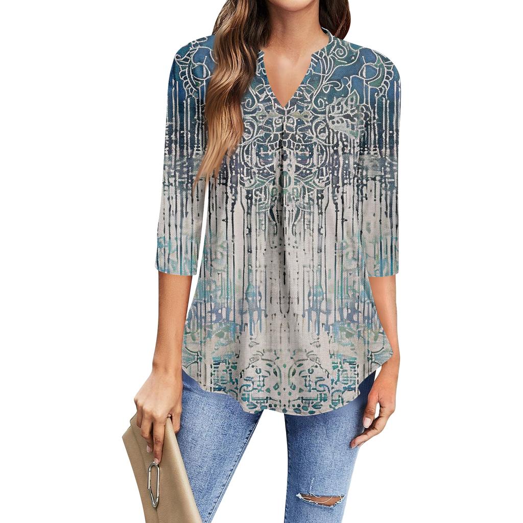 Women's Fashion Casual Three-Quarter Sleeve T-Shirt Printed V-Neck Top