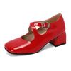 Women Mary Jane Pumps Patent Leather Lolita Shoes Med Heels Chunky Style 2025 Cross Strap Decor Comfort Square Toe Footwear