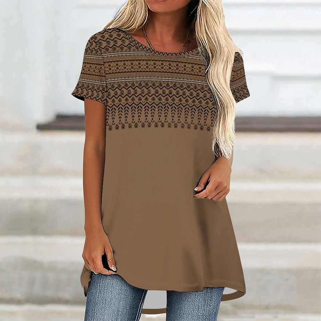Túnicas Casuales Informales para Mujer con Estampado, Cuello Redondo, Dobladillo Irregular y Manga Corta