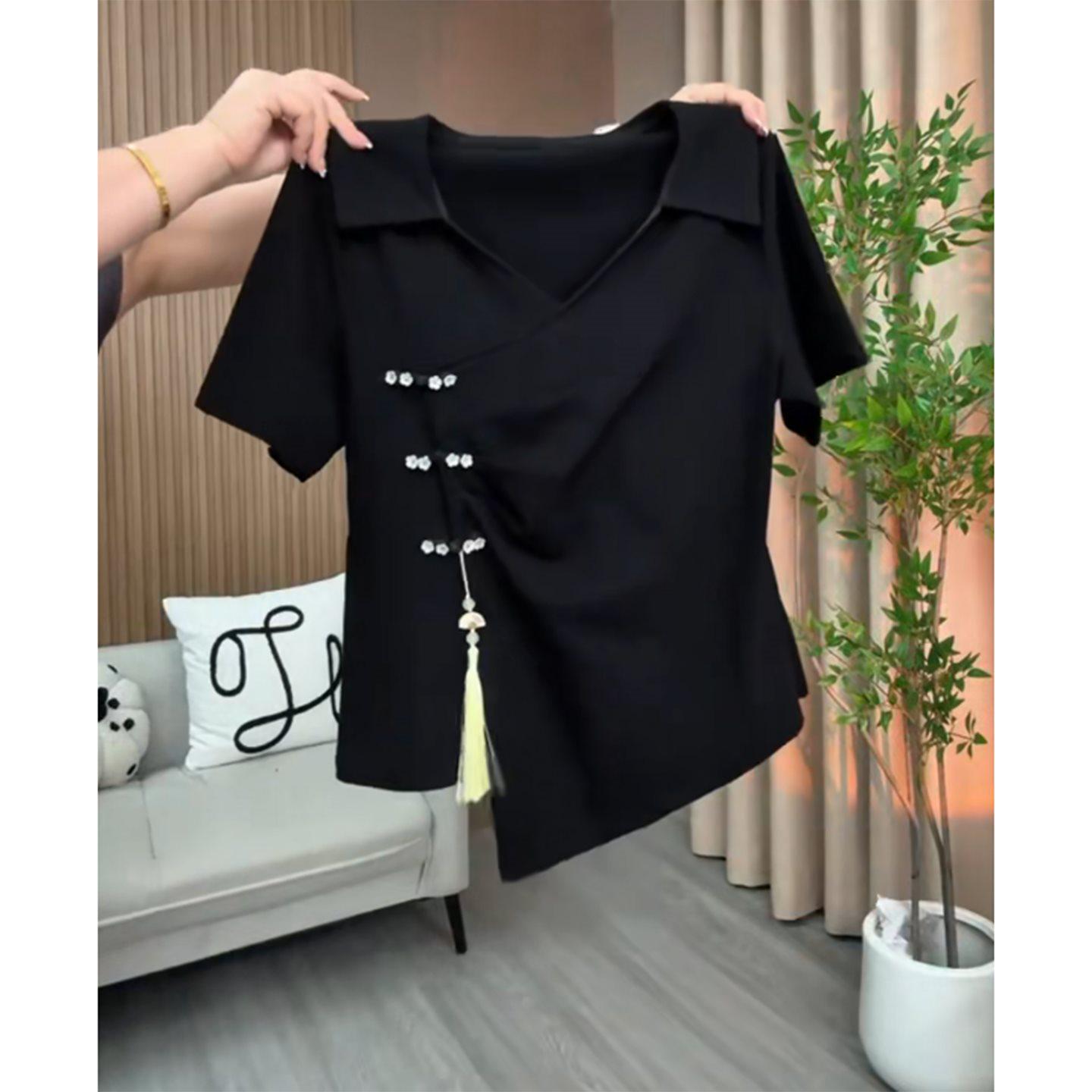 

Женский приталенный топ с V-образным вырезом и коротким рукавом большого размера на пуговице-лягушке - Новый китайский национальный стиль