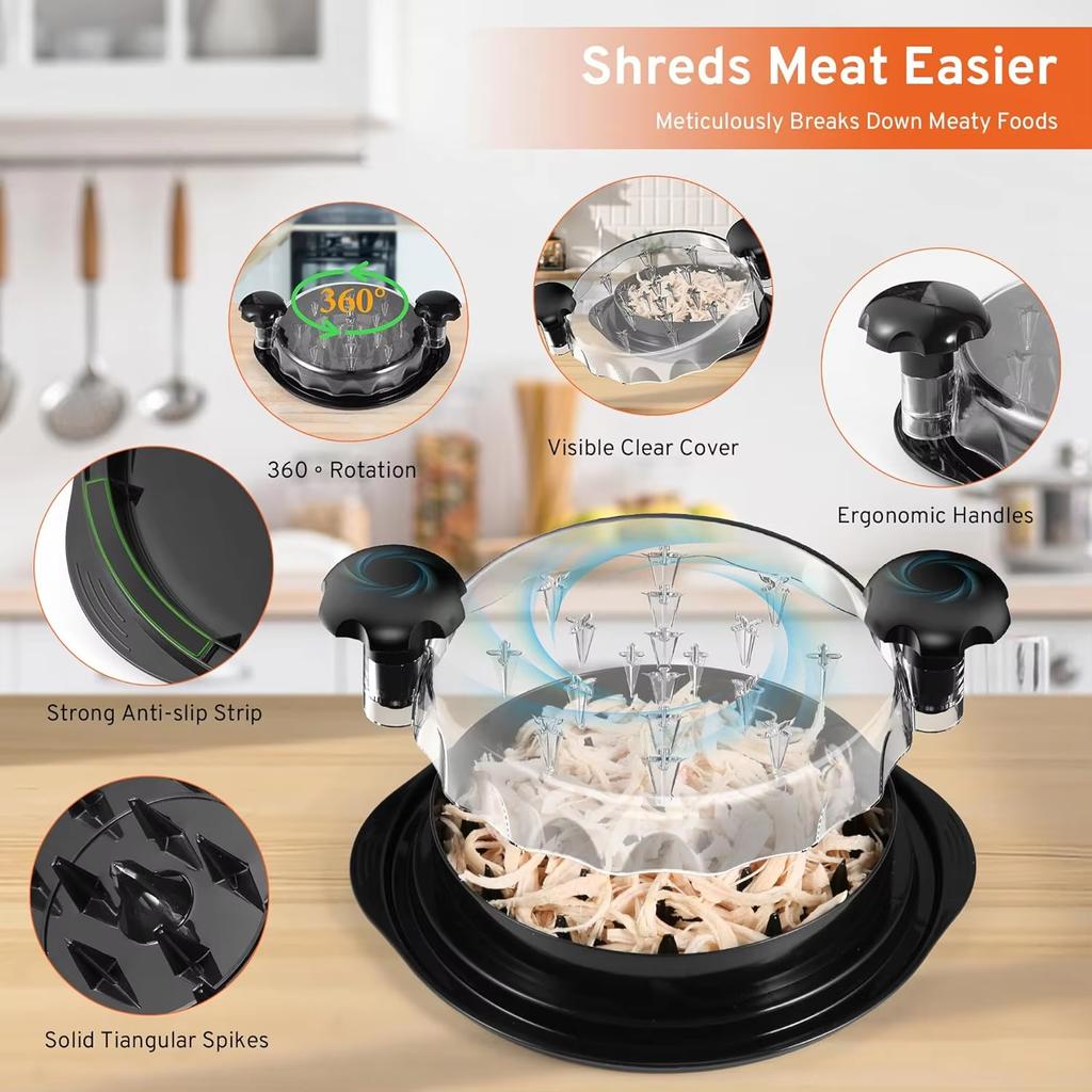 Upgrate Chicken Shredder Tool Twist with Transparent Lid Ergonomic Handle Anti-Slip Base Dishwasher Safe Cleaning Brush