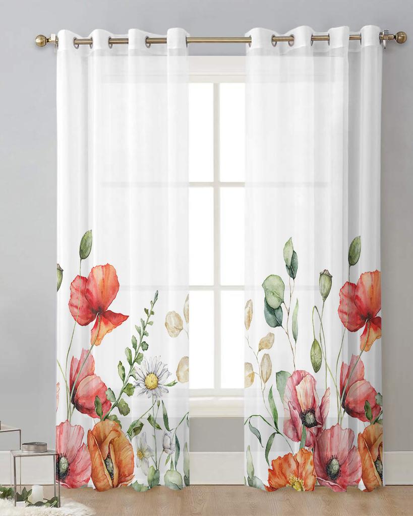 Plant Flowers Poppy Sheer Curtains for Living Room Decoration Window Curtains for Kitchen Tulle Voile Organza Curtains
