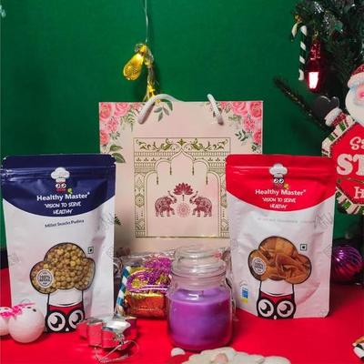 Healthy Master Holly Jolly Box of 4 | Premium Christmas Gift Box | Light & Crispy Chips, Millet Balls, Candle, Christmas | Xmas Gift Hamper