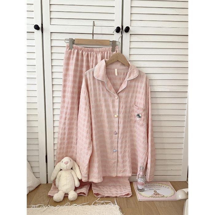 Love cat colored cotton grid pajamas women's spring and autumn long-sleeved trousers cardigan set loose break can wear loungewear