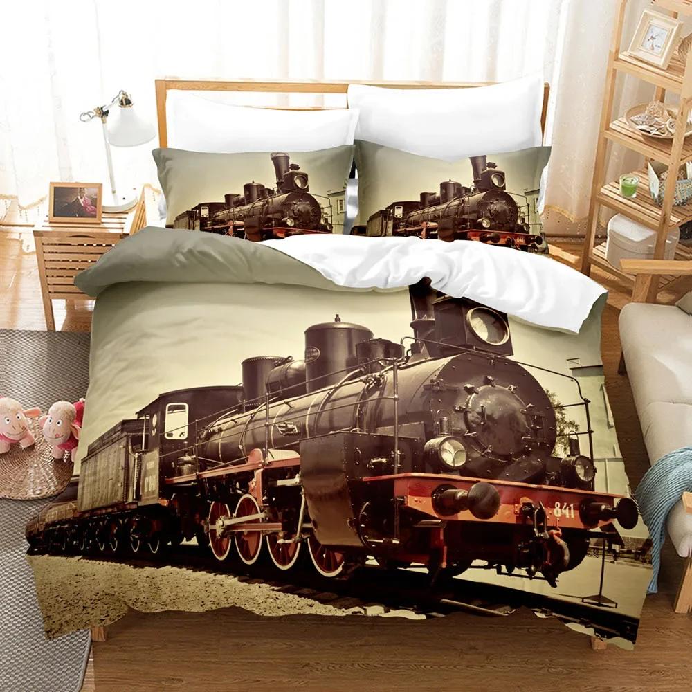 Steam Engine King Queen Duvet Cover Vintage Train Rail Bedding Set For Teens Adults Retro Transportation Polyester Quilt Cover