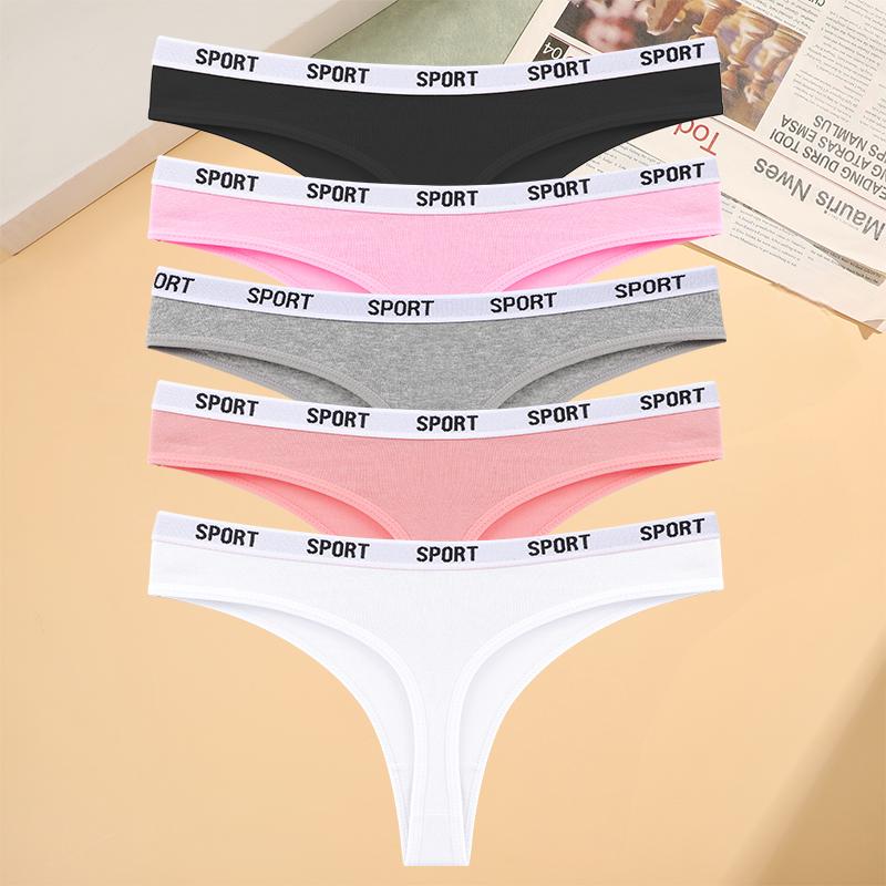 FINETOO 5pcs/Set Sexy G-String Low Waisted Sexy Antibacterial Bag Buttocks Underwear for Women Simple and Comfortable Breathable Letter