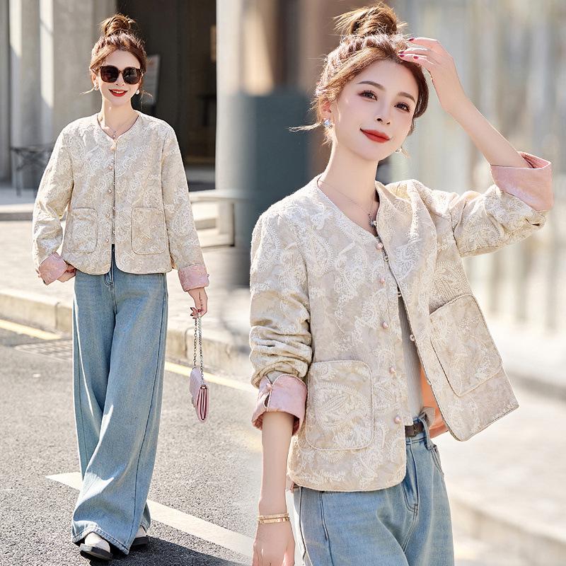 

Women s Spring Embroidered Jacket - Slim Fit, Chinese Style, Short Jacquard Design Medium
