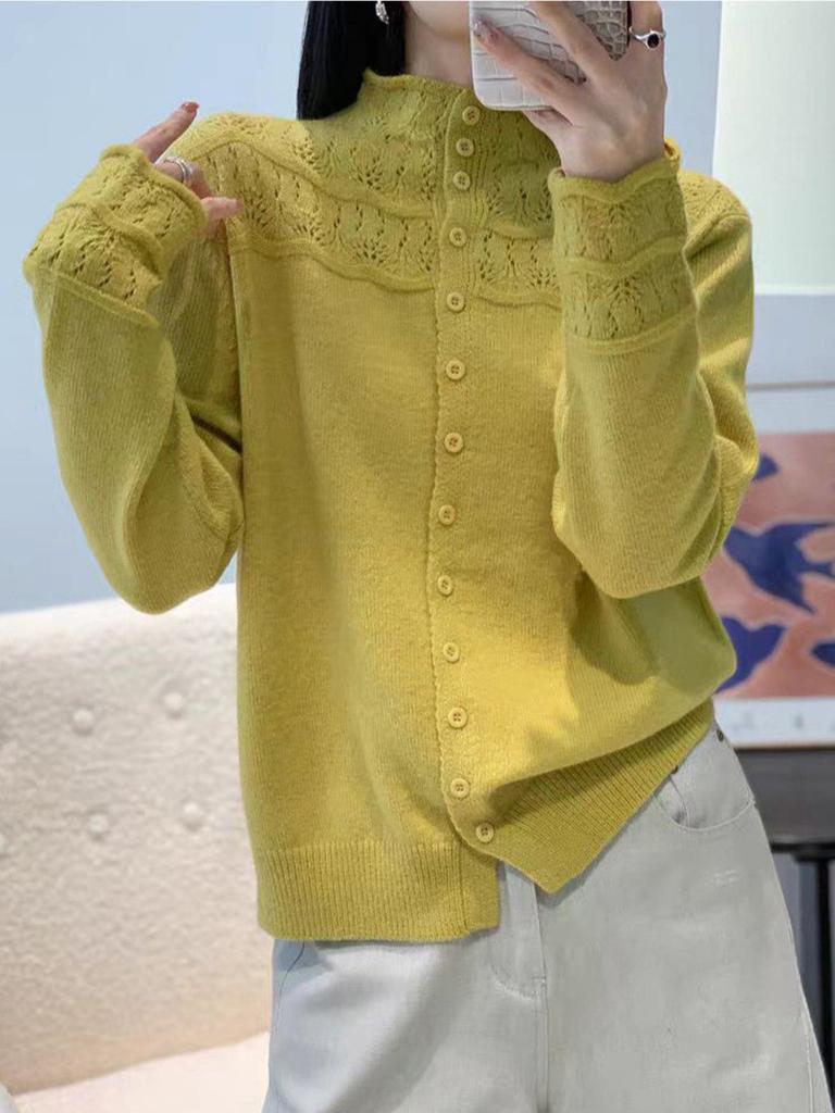 Cozy Autumn Winter Knit Cardigan With Floral Pattern And Round Neck For Women