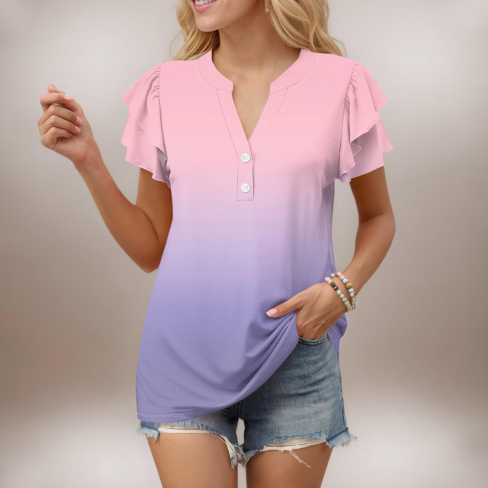 

Женский повседневный топ с короткими рукавами и V-образным вырезом, с оборками и градиентом M