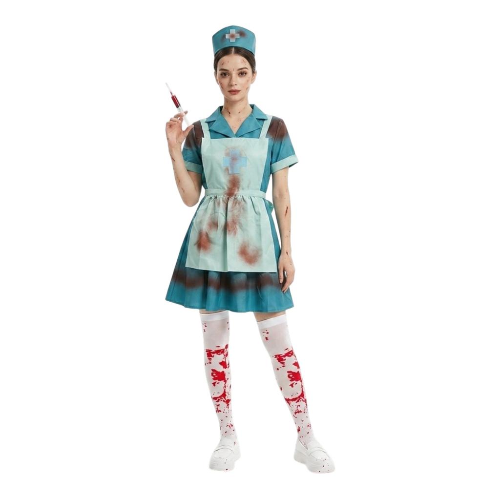 Adult Halloween Nurse Costume Set Includes Dress Apron and Cap Suitable for Role Play and Themed Events Party Outfit