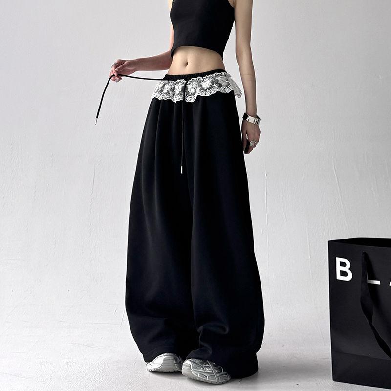 

Широкие брюки с кружевной строчкой, уличные, Y2K, свободные серые брюки для женщин, корейские мешковатые повседневные спортивные брюки S чёрный