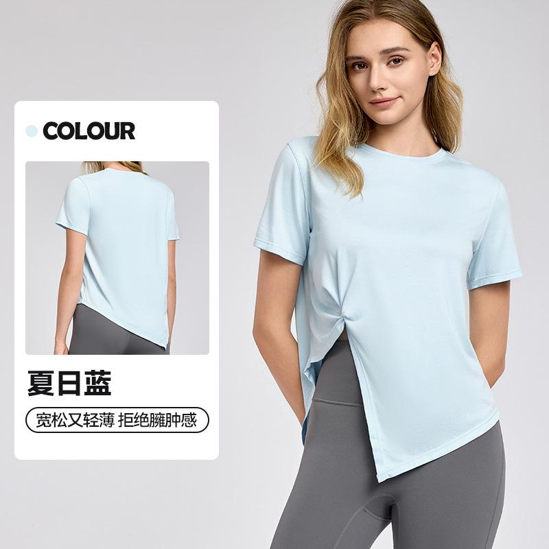 Spring new yoga clothes short-sleeved split-ended breathable sports blouse women s buttocks loose and thin fitness clothes short sleeves S