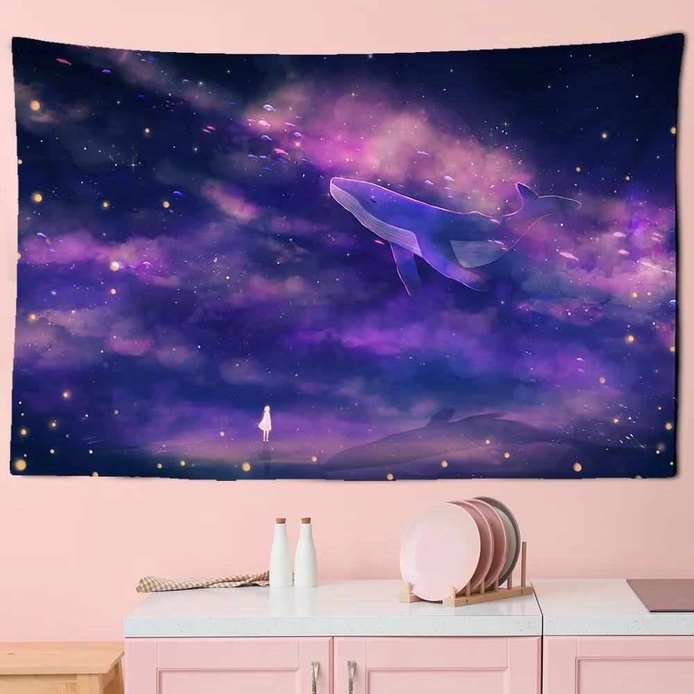Tapestry Aesthetics Cartoon  Sky Dolphin  Pink Purple Cloud  Bedroom Wall Home Decoration