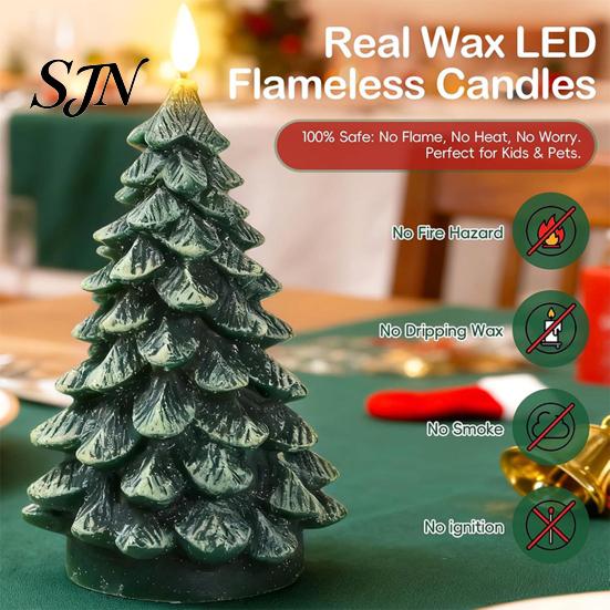 Snow Texture Candles Christmas Tree Candles, Flameless LED Flickering Wax with Remote Control, Led Flame Battery Operated Realistic Pine Decor