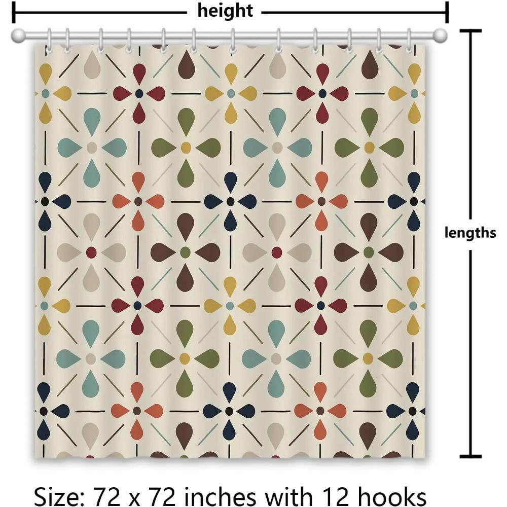 Mid Century Modern Shower Curtain, Geometric Abstract Bathroom Decor Set With Hooks, Waterproof Washable Retro Fabric Decor