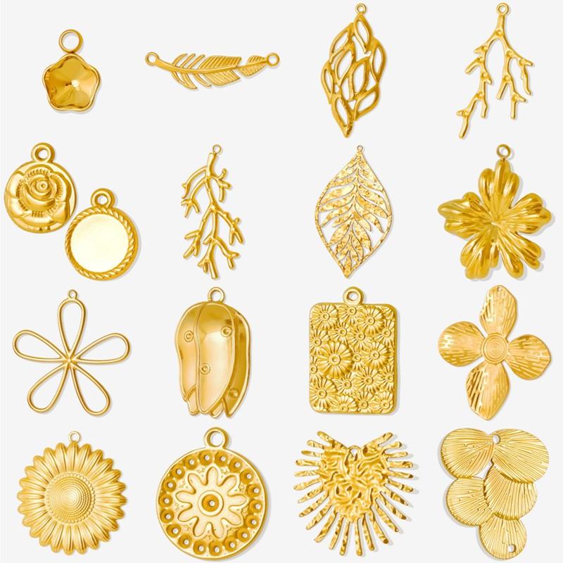 6pcs/Lot Plant Accessories DIY Stainless Steel Flower Leaf Charms For Jewelry Making Bulk Sunflower Rose Pendant Filigree Charm