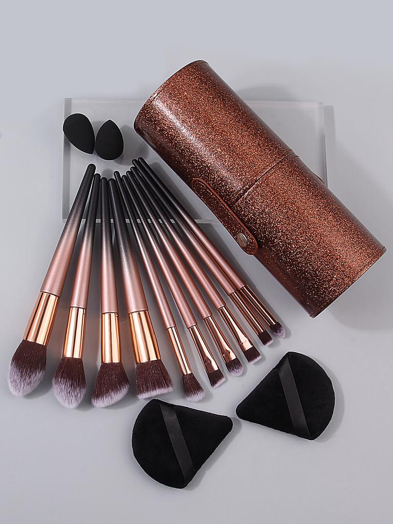 10 pieces makeup brush set, gradient handle+flash brown storage bucket, comes with 2 mini beauty eggs+2 triangular powder puffs