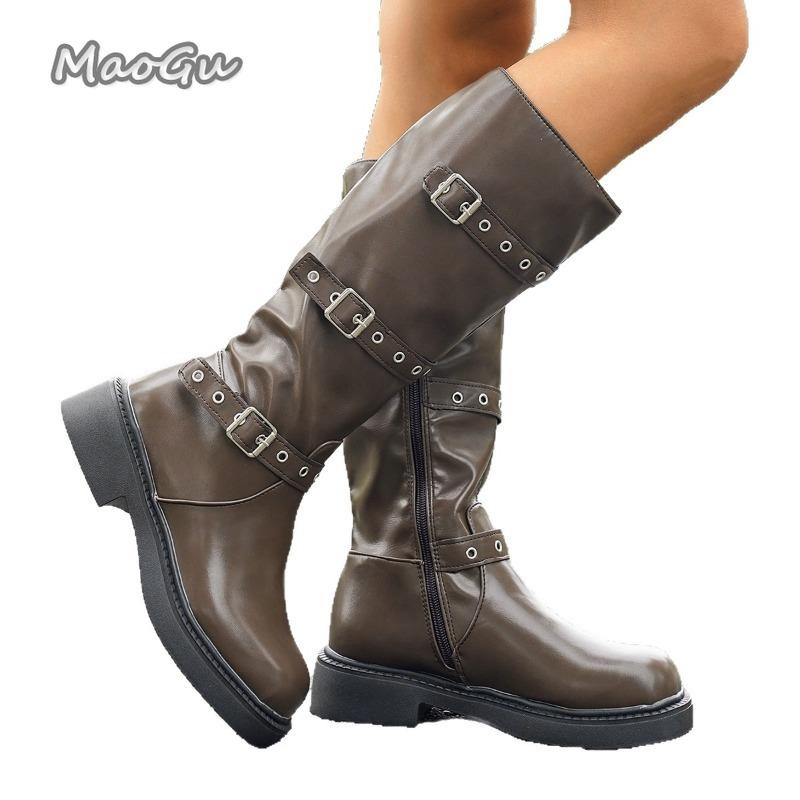 Women's Autumn Boots Pu Leather Belt Buckle Knee High Boots Black Brown Western Cowboy Casual Shoes Medium Heel Bottes Femmes