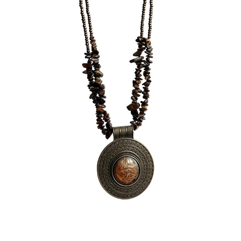 Vintage Bead Necklace with Round Pendant, Irregular Stone-Look Strand and Adjustable Length for Simple Sweaters Shirts and T Shirts
