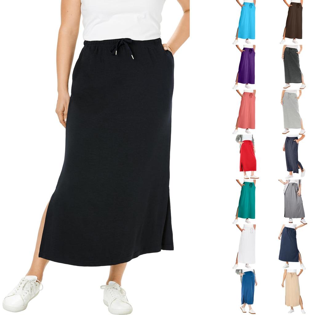 Womens Casual Maxi Skirts High Waist Trendy Drawstring Side Slit Skirts With Pockets