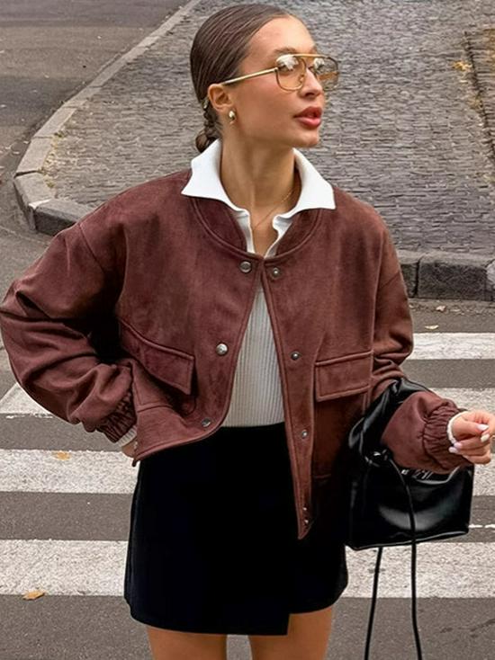 2025 Women's High-End Retro Bomber Jacket - Long Sleeve, Stand-Up Collar, American Street Style, Spring/Autumn Outerwear