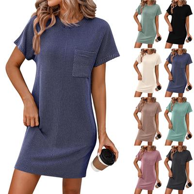 Women's Fashion Casual Clashing Colour Twisted Stripes Short Sleeve Pocket Dresses