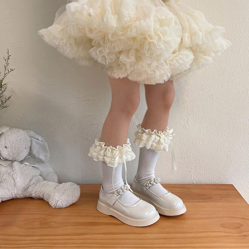 Breathable Cotton Hosiery Socks for Girls Toddler Stretchy Knee High Socks Puff Edge Lace Bows Socks for Autumn Spring