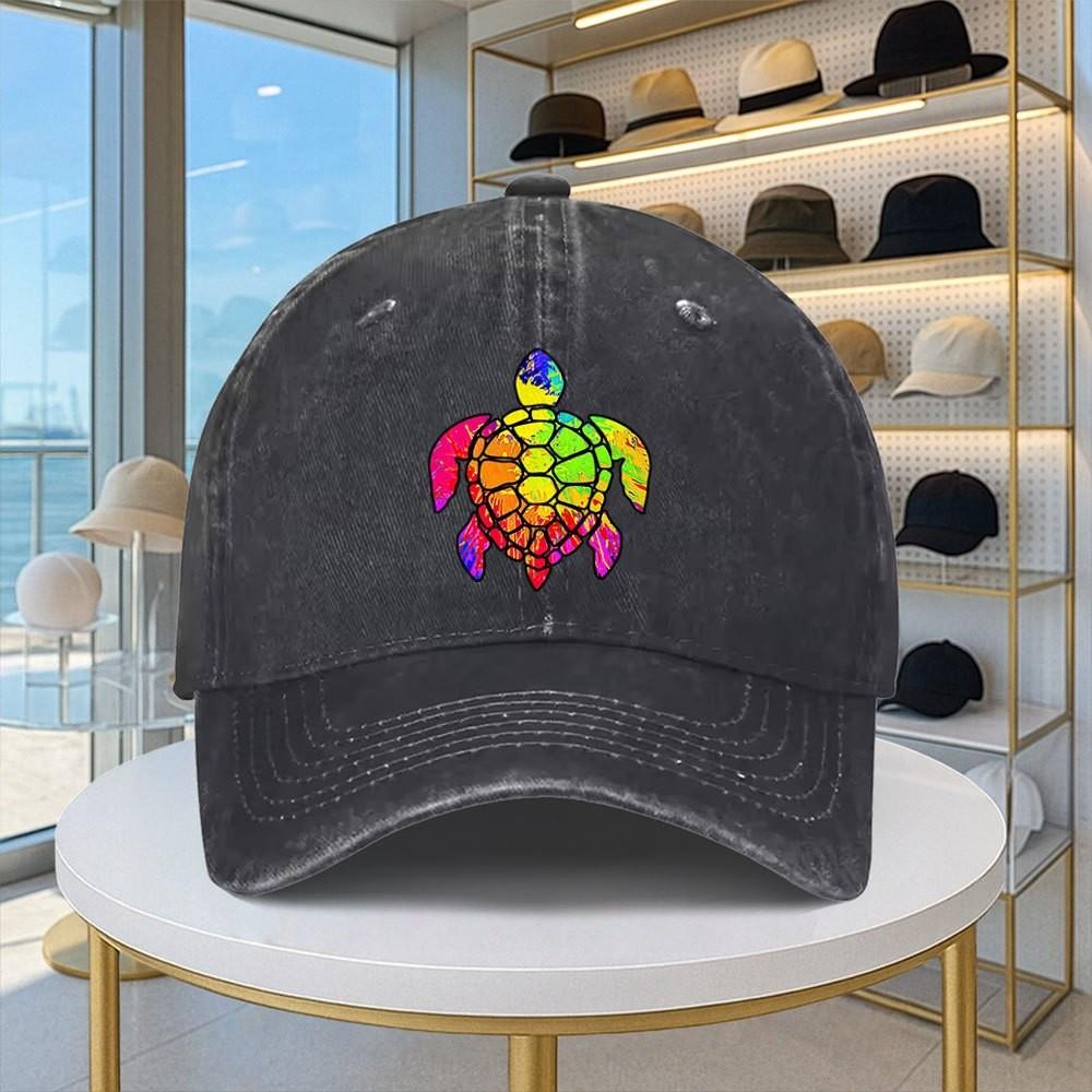 Rainbow Tie Dye Turtle Baseball Cap Washed Denim Adjustable Casual Outdoor Sun Hat