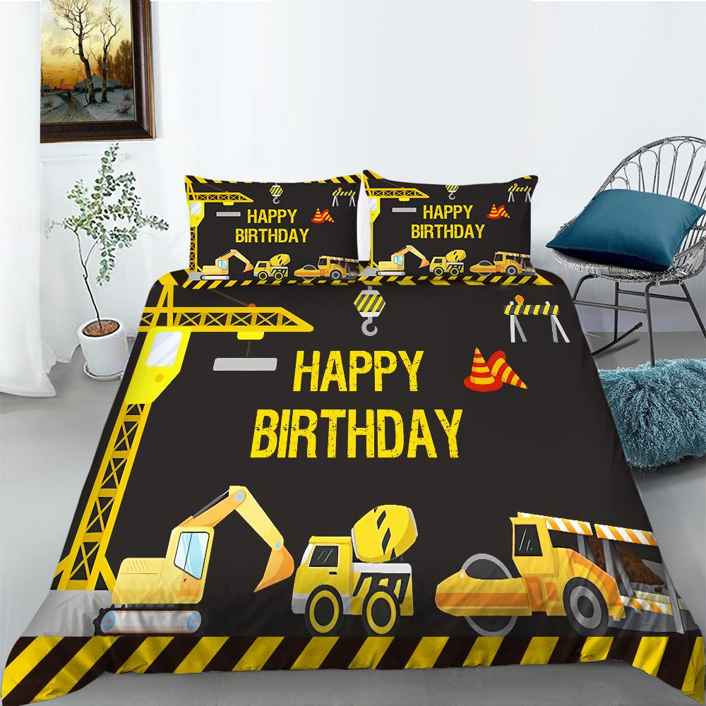 Baufahrzeug Bettbezug Mikrofaser Cartoon Baufahrzeug Druck Bettwäscheset Geschenk Alles Gute zum Geburtstag Muster Steppdeckenbezug