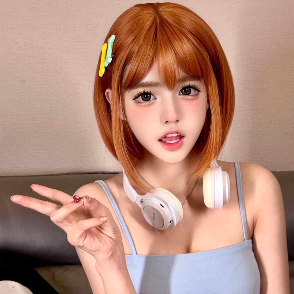 Short Orange Straight Bob Hair Synthetic Wigs with Bangs Orange Colorful Cosplay Party Wig for Women Heat Resistant Fiber Daily