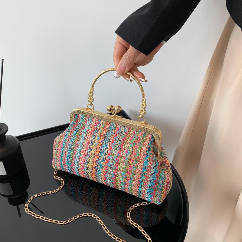Straw Woven Small Purse and Handbag For Women's Summer Shoulder Crossbody Bag Travel Beach Bag Ladies Fashion Chain Shopper Tote