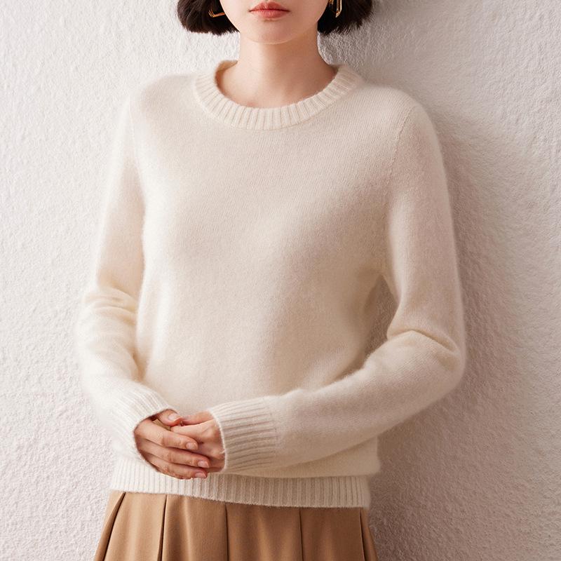 Women's 7-Gauge Double-Ply Cashmere Sweater - Autumn/Winter 2026 Collection, Versatile Solid Color Round Neck Sweater